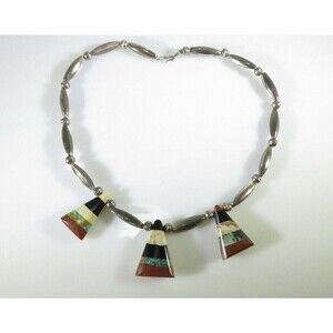 Beautiful Inlaid Stone Tab Choker Necklace With Sterling Silver Pearls & Melons